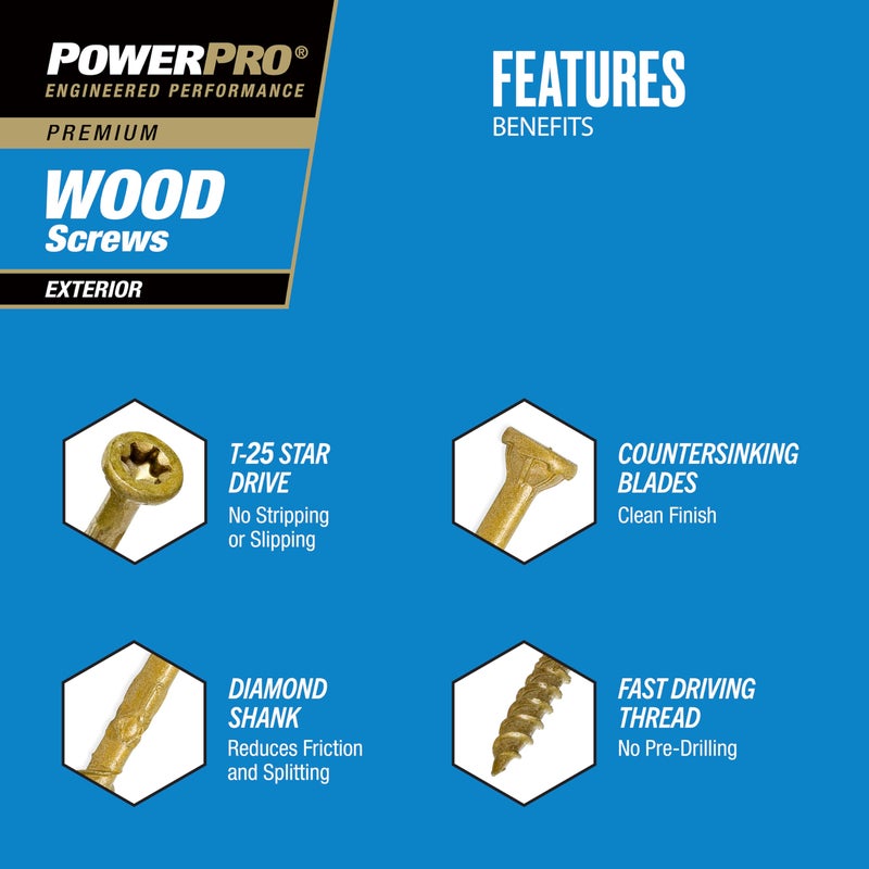 Power Pro Premium Exterior Wood Screws, #10 x 5 Inch All-Purpose Deck Screws for Outdoor Projects, T-25 Star Bit Included, Bronze, 194 Pieces | 48617V4 - Image 2